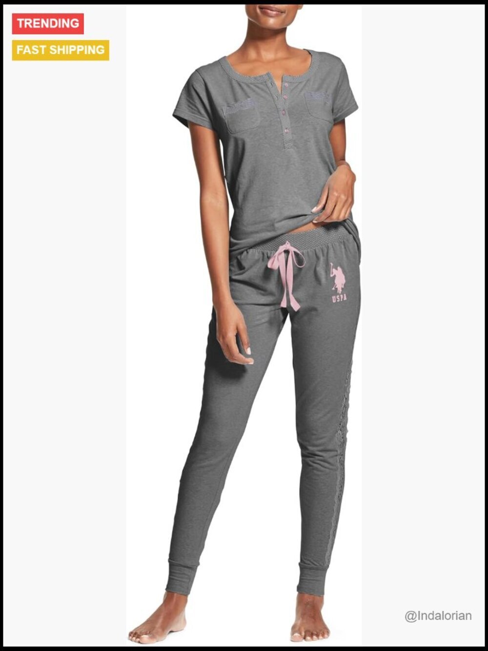 Cotton-Blend Knit Pajama Set with Lace Accents and Jogger Pants
